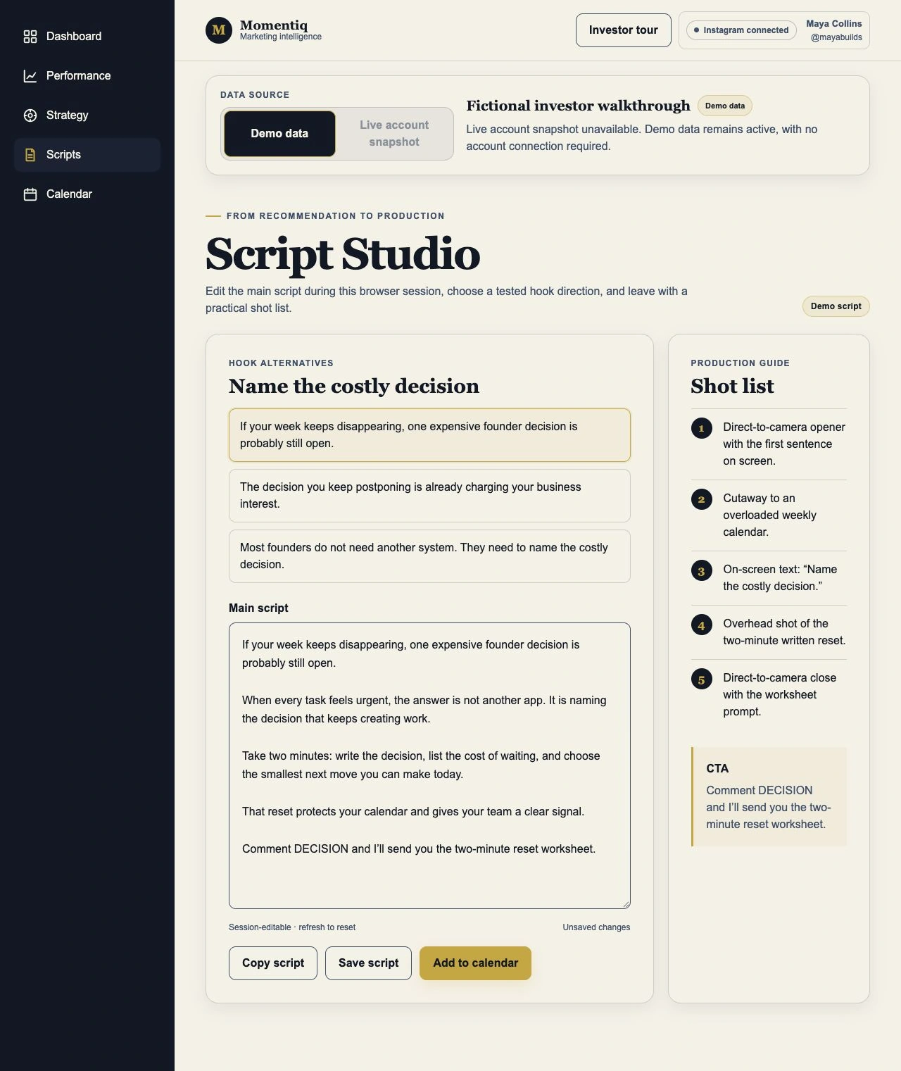 Momentiq Script Studio with hook alternatives, a script editor and a production shot list.