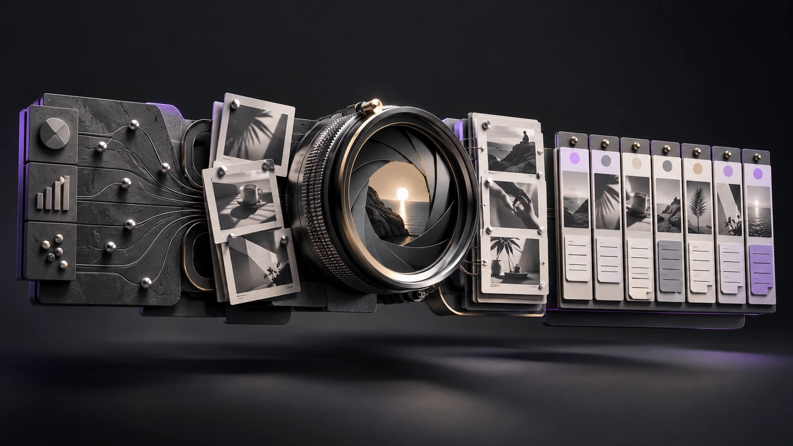 Momentiq concept artwork: performance evidence flows through a camera aperture into storyboards and a content plan.